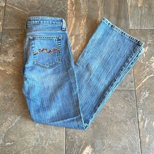 LEI Juniors Sophia Hipster Flare Jeans Size 7 Short Mid Rise Medium Blue Denim